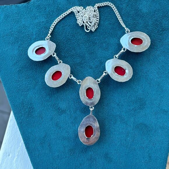 925 Sterling Red Coral Necklace & Earring Set 20" - Picture 6 of 6